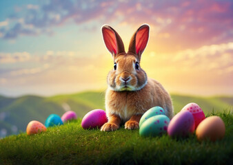 Easter bunny with eggs on grass hill top view