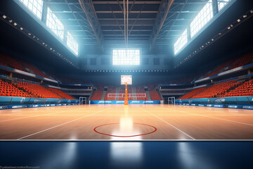 Interior of a sports arena and professional volleyball court with no spectators around. View of the player towards the net from the front. Digital 3D illustration