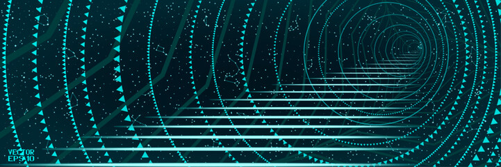Steps to Heaven Isolated on Starry Night Sky Background. A Round Tunnel with a Staircase That Awaits Us. Abstract Panoramic Sky Map of Hemisphere. Vector. 3D Illustration