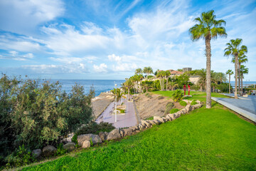 Obraz premium Palm trees and green grass on the promenade in Santa Barbara, California