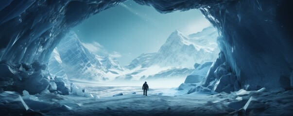 Ice cave paradise for ice climbing with moutaineer , winter landscape banner. Generative Ai.