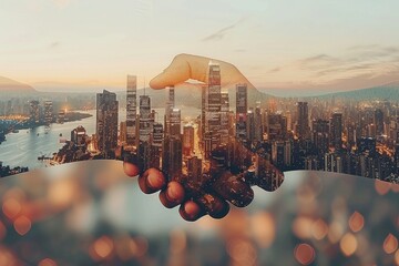 Handshake over cityscape with digital effects. Two business professionals shaking hands with a vivid cityscape and digital connectivity effects in the background - obrazy, fototapety, plakaty