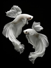 Beta fish turning around each other. White beta fish on black background turning around each other.