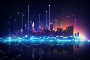 Fototapeta na wymiar Smart city and abstract dots connected with gradient lines and aesthetics Gorgeous wave line design, connection technology concept. modern technology. future technology