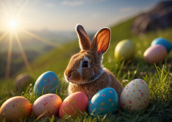 Easter bunny with eggs on grass hill top view
