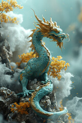 Fototapeta premium Emerging Myth: The Celestial Dragon Ascending Through Clouds created with Generative AI technology