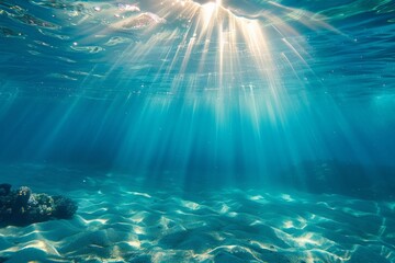 Fototapeta na wymiar Underwater view with sunbeams shining through the ocean surface