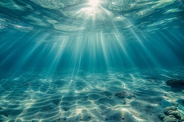 Fototapeta na wymiar Underwater view with sunbeams shining through the ocean surface