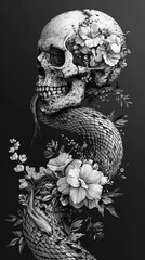Eternal Coil: Skull and Serpent Entwined in Floral Elegance created with Generative AI technology