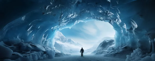 Foto op Canvas Ice cave paradise for ice climbing with moutaineer , winter landscape banner. Generative Ai. © annamaria
