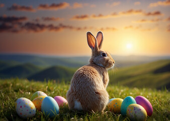 Easter bunny with eggs on grass hill top view