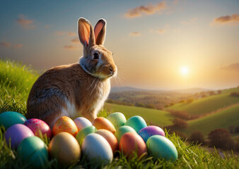 Easter day theme with bunny crowned and easter eggs on natural background