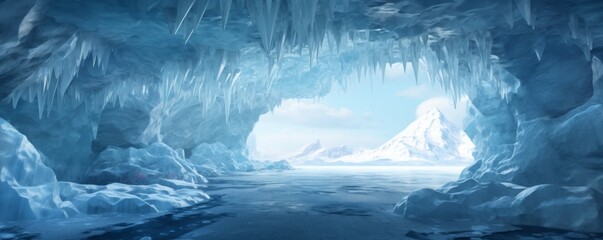 Ice cave paradise for ice climbing inside view , winter landscape banner. Generative Ai.
