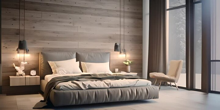 Contemporary bedroom combining modern design with rustic wooden touches and a captivating artistic wall panel 4K Video