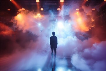 Person standing before a surreal stage with clouds and lights