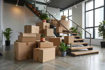 A collection of neatly stacked cardboard boxes in a spacious office, indicating a corporate move