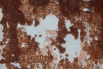 Rusty metal sheet with white peeling paint for texture abstract grunge background.