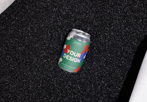 Mockup of customized 12 oz beer can on plastic, flash