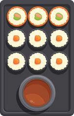 Sushi with red sauce icon cartoon vector. Courier fast delivery. Asian food