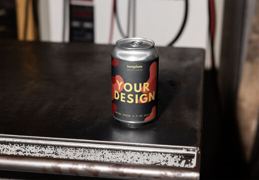 Mockup of 12 oz customized beer can on shelf, flash