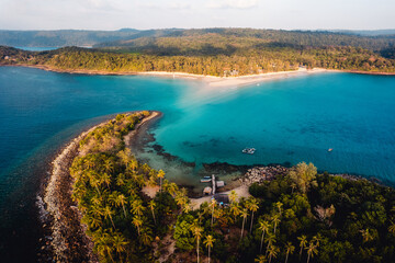 Tropical island and palm trees, bird's-eye view