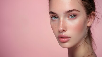 Beautiful young woman with clean fresh skin, natural make-up and blue eyes. Beauty face. Picture taken in the studio