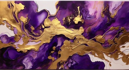Luxury abstract fluid art painting background alcohol ink technique purple and gold. Modern contemporary art. Part of original alcohol ink painting. Hand painted ink texture. Card Background