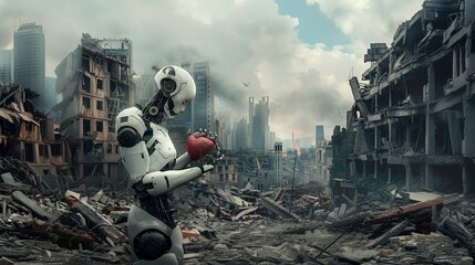 Robot in ruins of a destroyed building. 3D rendering - obrazy, fototapety, plakaty