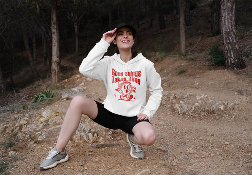 Mockup of woman wearing customizable hoodie, smiling
