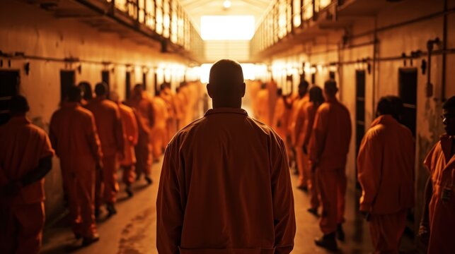 Rear view of prisoner in orange uniform walking in prison corridor