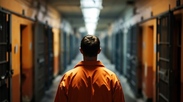 Rear view of prisoner in orange uniform walking in prison corridor