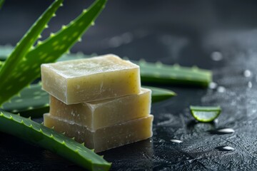 Handmade aloe vera soap with aloe plant on a dark background