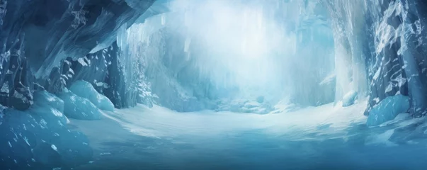 Schilderijen op glas Ice cave paradise for ice climbing inside view , winter landscape banner. Generative Ai. © annamaria