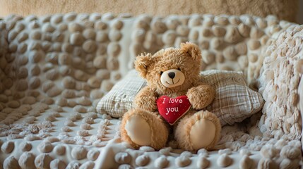 Cute teddy bear sitting on sofa with pillow and red heart