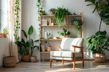 Minimalist living room interior with plants and modern furniture