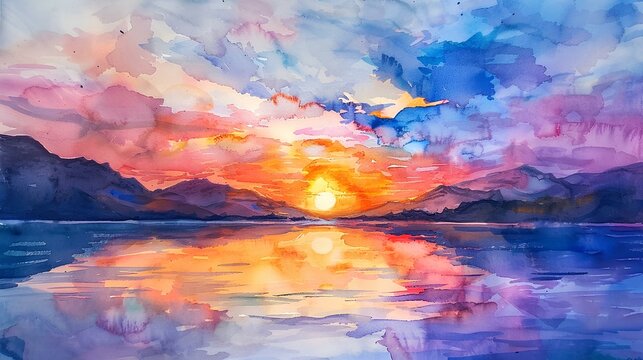 Sunset over the mountain lake. Digital watercolor painting on canvas.