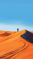 Fototapeta na wymiar A wanderer traversing a vast desert, drawn in a surreal style, mobile phone wallpaper or advertising background