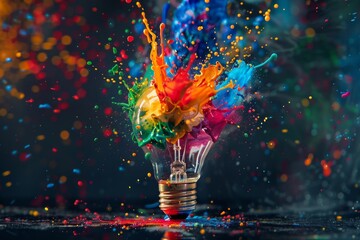 Exploding light bulb with colorful splashes - obrazy, fototapety, plakaty