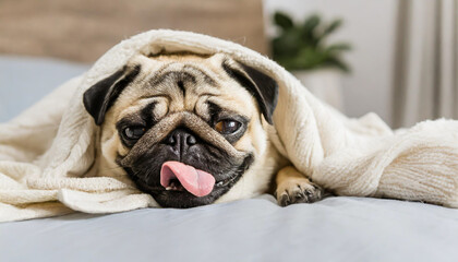 Cute pug puppy relaxing while sleeping on a bed, wrapped in a blanket, with its tongue jutting out.