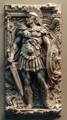 Sculpture of ancient warrior with creatures. Intricate sculpture depicting a muscular ancient warrior surrounded by mythical creatures and ornate details in a monochromatic palette