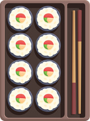 Wooden box with sushi icon cartoon vector. Asian street food. Menu online deliver