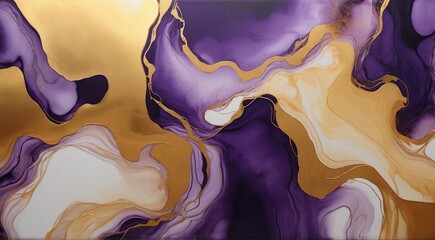 Luxury abstract fluid art painting background alcohol ink technique purple and gold. Modern contemporary art. Part of original alcohol ink painting. Hand painted ink texture. Card Background