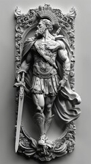 Sculpture of ancient warrior with creatures. Intricate sculpture depicting a muscular ancient warrior surrounded by mythical creatures and ornate details in a monochromatic palette