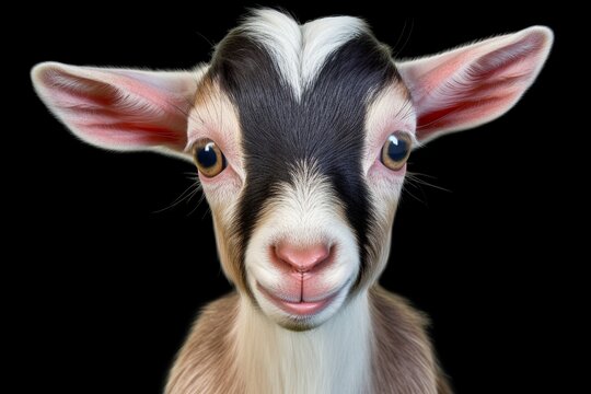 Close-up baby goat with a dark description isolated background