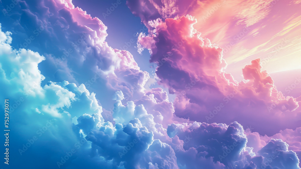 Wall mural the sky is filled with fluffy clouds of different colors, creating a serene