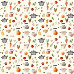 Cute watercolor pattern with cute elements of kitchen utensils and cooking and food on white background, seamless pattern for design and printing on surfaces, background for cooking themes