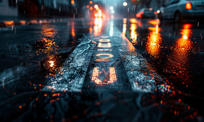 Reflection of a text on the middle of the wet asphalt road