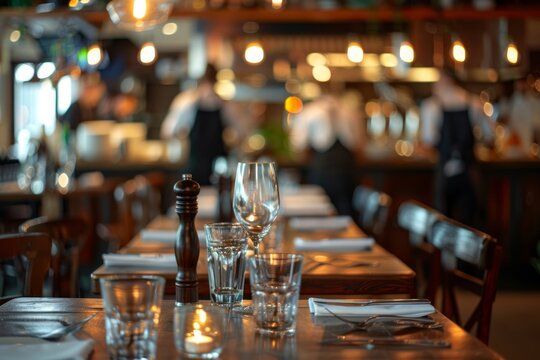 Busy restaurant interior with focus on dining setup