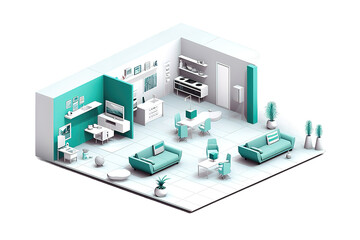 Obraz premium Isometric flat interior of hospital room, pharmacy, doctor's office, waiting room, reception, mri, operating. Doctors treating the patient. isolated on a Transparent background. Generative AI