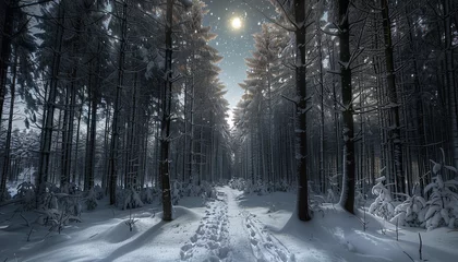 Fotobehang Dreamlike forest bathed in moonlight - wide format © Davivd